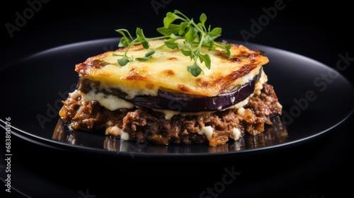 savory traditional greek moussaka served on black plate 