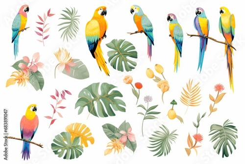 illustrations of parrots, tropical leaves, bananas. Clipart, isolated elements, Generative AI