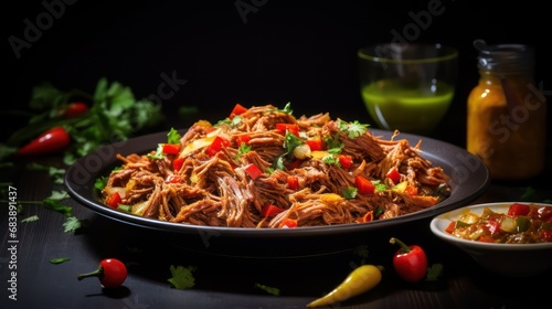 flavorful traditional cuban, ropa vieja food on black table