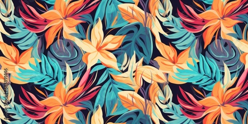 Abstract art seamless pattern with tropical leaves and flowers. Modern exotic design, Generative AI