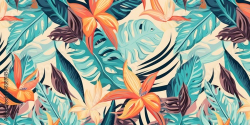 Abstract art seamless pattern with tropical leaves and flowers. Modern exotic design, Generative AI