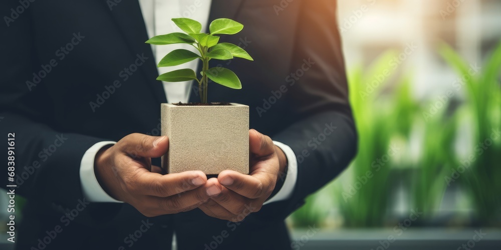 Businessman holding plant pot with cube symbolizing CSR. Ethical and eco-friendly green business with no CO2 emission policy. corporate social responsibility for greener community, Generative AI - obrazy, fototapety, plakaty 
