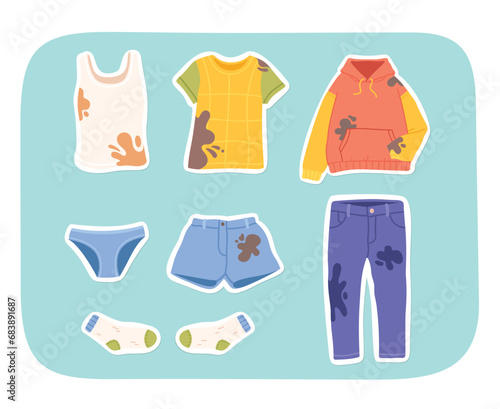 Dirty apparel clothes with stains sticker set. Hoodie  jeans  t-shirt  sock  shorts textile clothing with dirt. Garment washing  cleaning housework  hygiene cartoon collection flat vector illustration