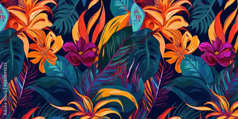 Abstract art seamless pattern with tropical leaves and flowers. Modern exotic design, Generative AI - obrazy, fototapety, plakaty 