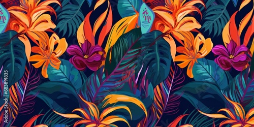 Abstract art seamless pattern with tropical leaves and flowers. Modern exotic design, Generative AI photo