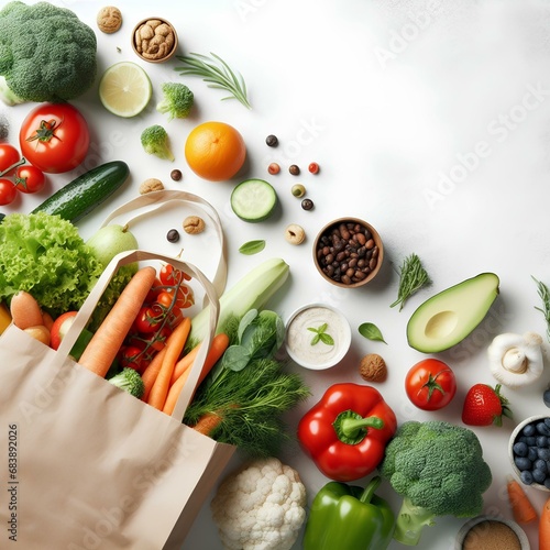 Supermarket-fresh veggies and fruits in a paper bag: Clean eating banner with copy space