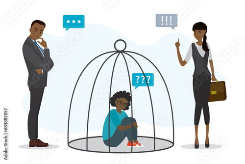 Unhappy african american girl sits in cage. Parents or teachers exert psychological pressure, blaming and restrictions. Domestic violence, abuse. Mental problems, discrimination,
