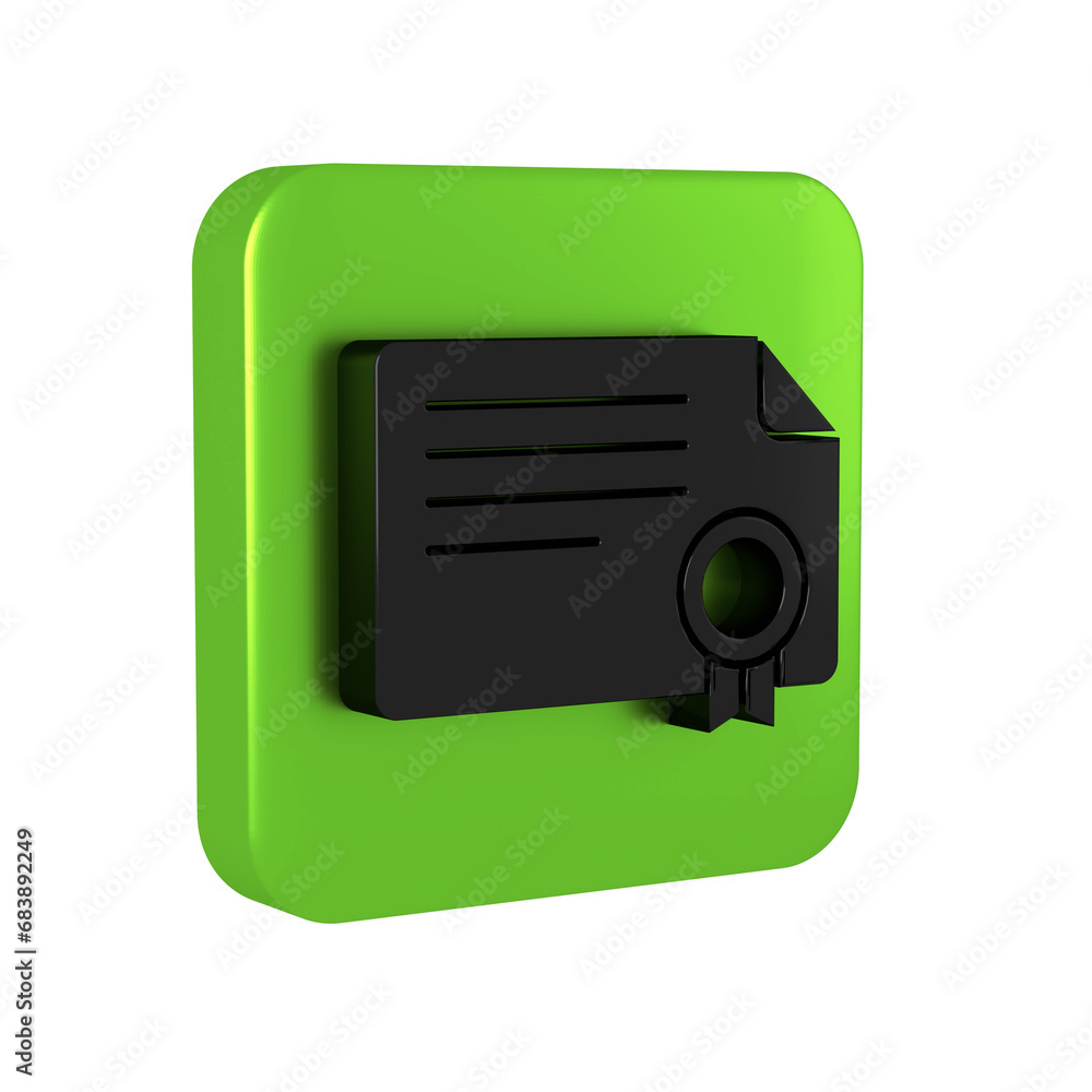 Obraz premium Black Certificate template icon isolated on transparent background. Achievement, award, degree, grant, diploma concepts. Green square button.