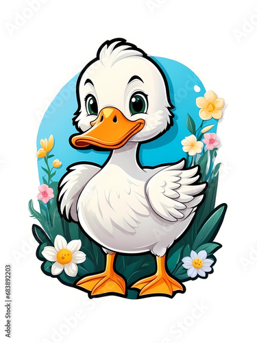 Brighten up your day with this delightful sticker featuring a cute cartoon duck surrounded by a white border adorned with vibrant flowers. Perfect for adding a touch of whimsy to your accessories.