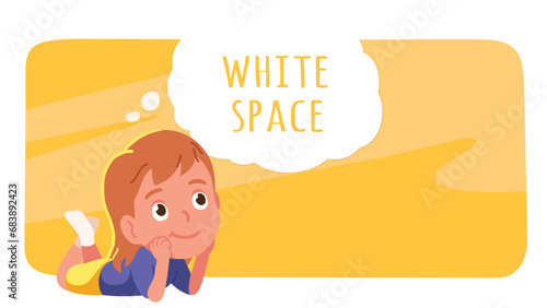 Happy girl kid daydreaming. Cute smiling little person lying, thinking imagining dream. Dreamy child fantasy, daydream imagination, future wish copy space, childhood concept flat vector illustration