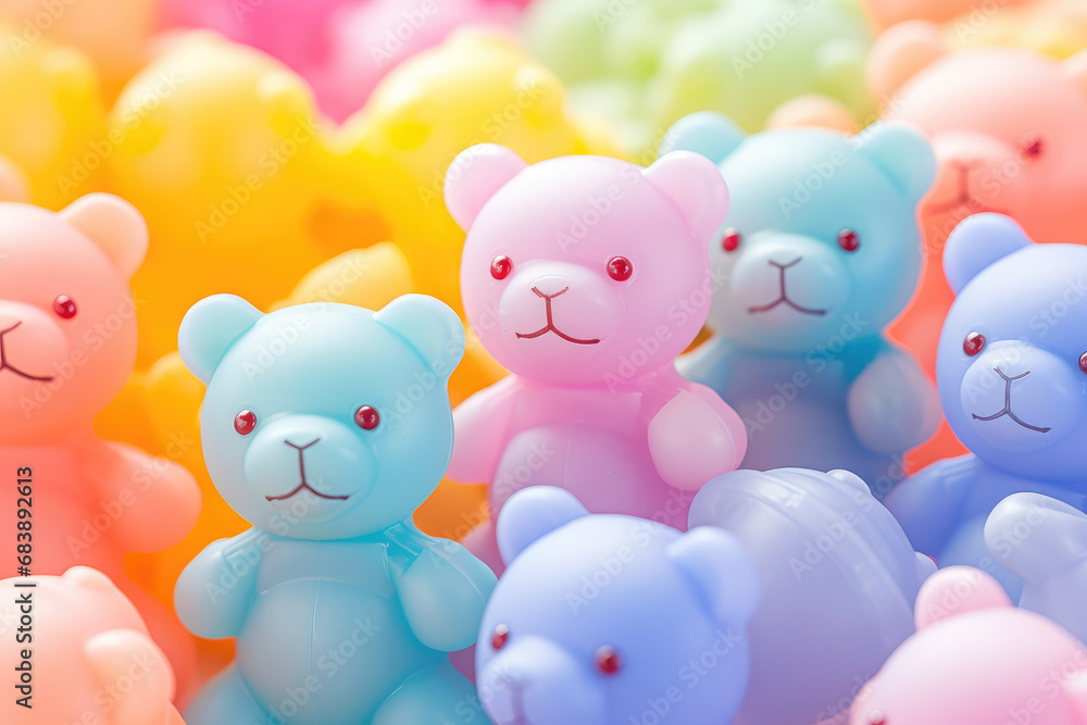 Closeup of cute baby toys in delicate pastel colors. Wallpaper with rubber bears for banner of baby early development center or toy store. Closeup of cute baby toys in delicate pastel colors. Wallpaper with rubber bears for banner of baby early development center or toy store.