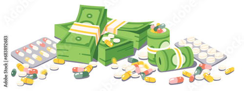 Expensive unaffordable drug prices concept. High medicine cost, outrageous medical and health care insurance expenses. Prescription drugs, pills, dollar money banknote packs pharma vector illustration