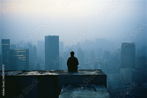 Abstract portrayal of a person lost in thought against the backdrop of a city, merging the internal and external landscapes.