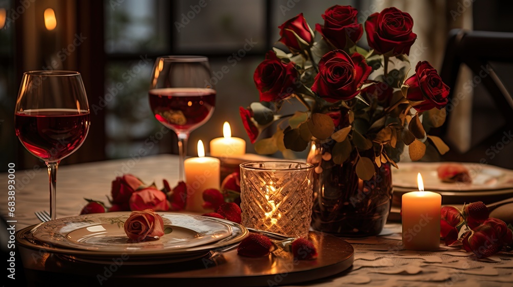Romantic Anniversary Dinner Table with Candlelight and Gourmet Meal