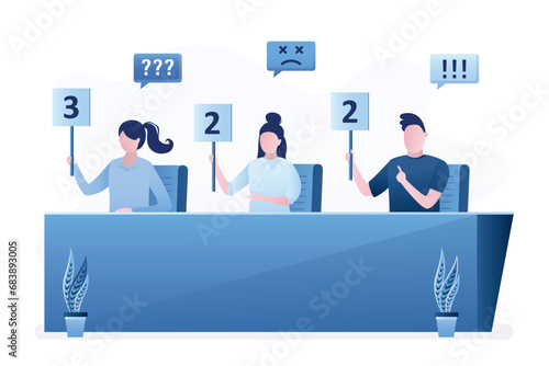 Jury voting. People holds signs with likes and numbers. Negative reviews, bad emotions. Television talent show presentation. Jury sitting at desk and chatting about performance.