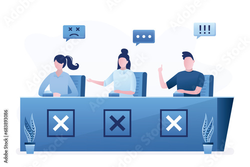 Jury voting. People push buttons, negative or positive reviews, emotions after artist performance. Television talent show presentation.
