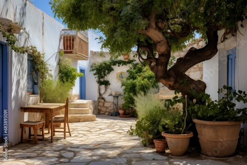 Fototapeta Naklejka Na Ścianę i Meble -  Sunny Greek house backyard. Summer flowers. Generate Ai