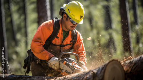 Forestry Worker Cutting Tree with Chainsaw