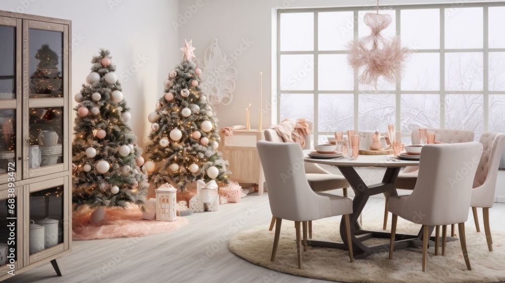 interior of modern dining room with a christmas tree and a wreath, use of fabric,rustic textures