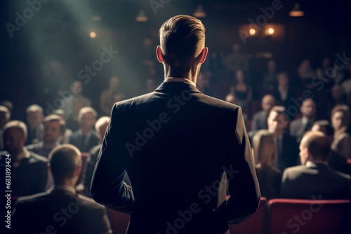 spokesman in business suit giving a conference in a crowded auditorium, Generative AI