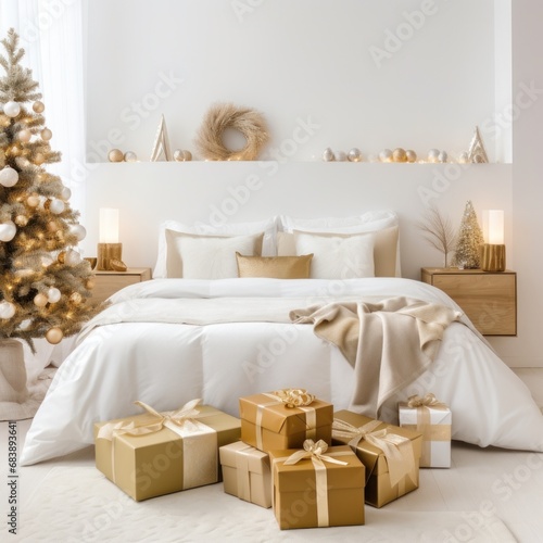 modern christmas bedroom with white decor and gifts