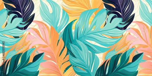 Abstract art seamless pattern with tropical leaves. Modern exotic design, Generative AI photo