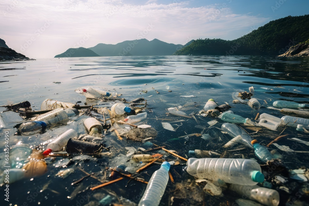 Vast ocean expanses polluted with floating plastic waste, depicting the