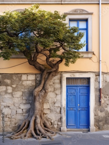small old stone house with blue door and large tree in genoa