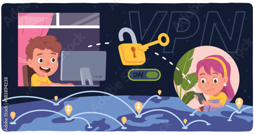 Virtual private network information security. Boy, girl kids people use secure VPN connection access internet technology on computer, mobile phone. Global online privacy protection concept vector