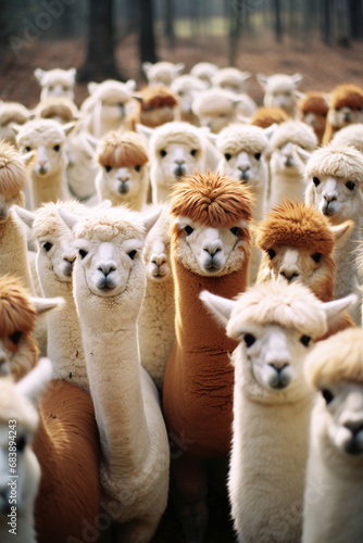 A group of alpacas looking amused and gathered together, offering a charming and humorous touch for diverse creative uses.