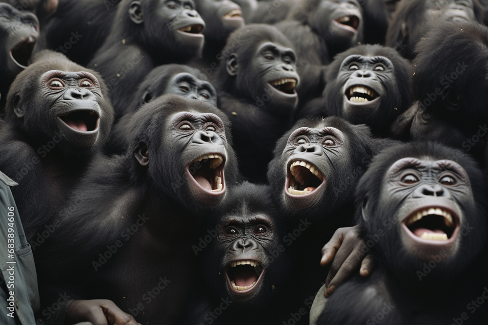 A gathering of gorillas with gleeful expressions, ready to bring a sense of joy and humor to a variety of visual concepts.