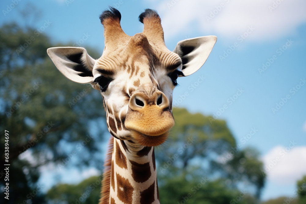 Fototapeta premium A captivating close-up of a giraffe showcasing its elegance and long-necked beauty, perfect for adding sophistication to visual projects.