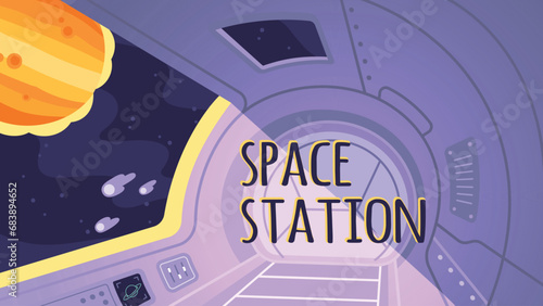 Space station or spaceship interior with planet in window. Future spacecraft cabin in outer space. Futuristic ship interior, universe, science technology concept background flat vector illustration