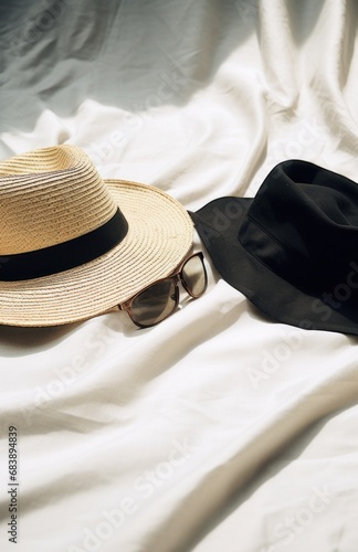 two straw hats and sunglasses on a white cloth,
