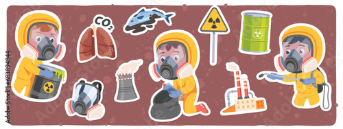 Person working in radiation full body hazmat protective suit moving radioactive barrel. Worker in mask clean industrial factory toxic chemical pollution. Biohazard danger, CO2 emission vector set