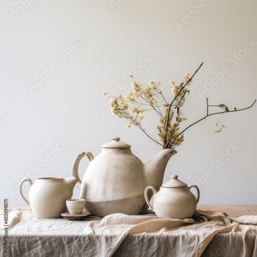 two tea pots are on a table with greenery and tea cups,