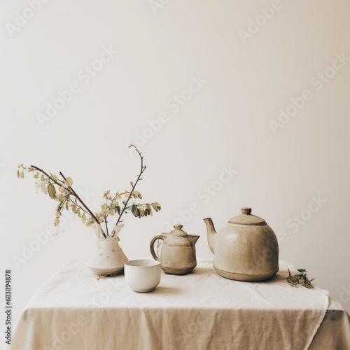 two tea pots are on a table with greenery and tea cups,