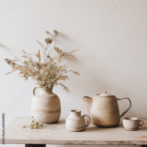 two tea pots are on a table with greenery and tea cups,