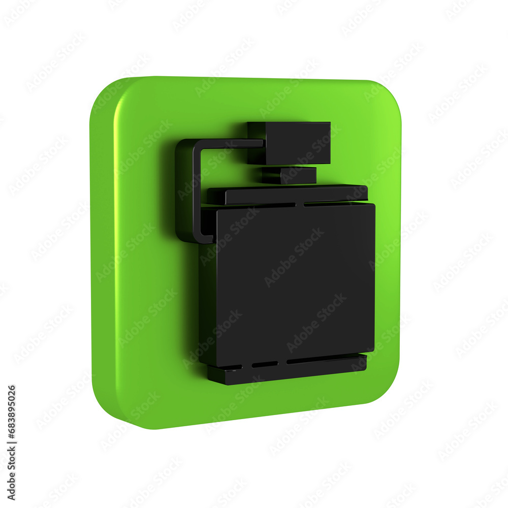 Black Canteen water bottle icon isolated on transparent background. Tourist flask icon. Jar of water use in the campaign. Green square button. Black Canteen water bottle icon isolated on transparent background. Tourist flask icon. Jar of water use in the campaign. Green square button.