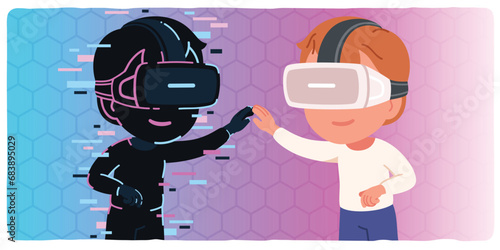 Boy kid in VR headset meeting his virtual shadow copy. Avatar child person wearing virtual reality glasses in 3d universe. Futuristic digital tech cyber space technology concept vector illustration