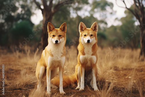 A dynamic duo of dingoes showcasing their wild beauty and cooperative nature, perfect for conveying a sense of untamed unity.