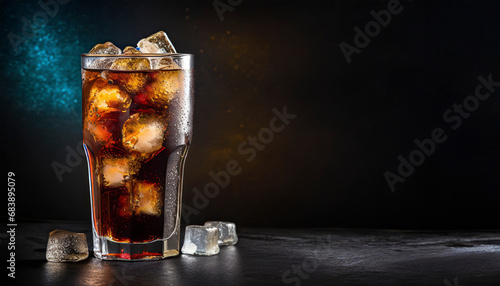 cola with ice cubes in tall glass on dark background