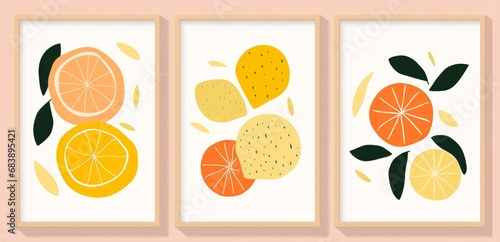 Collection of contemporary art prints. Abstract fruits. Oranges  pears and lemons  Generative AI