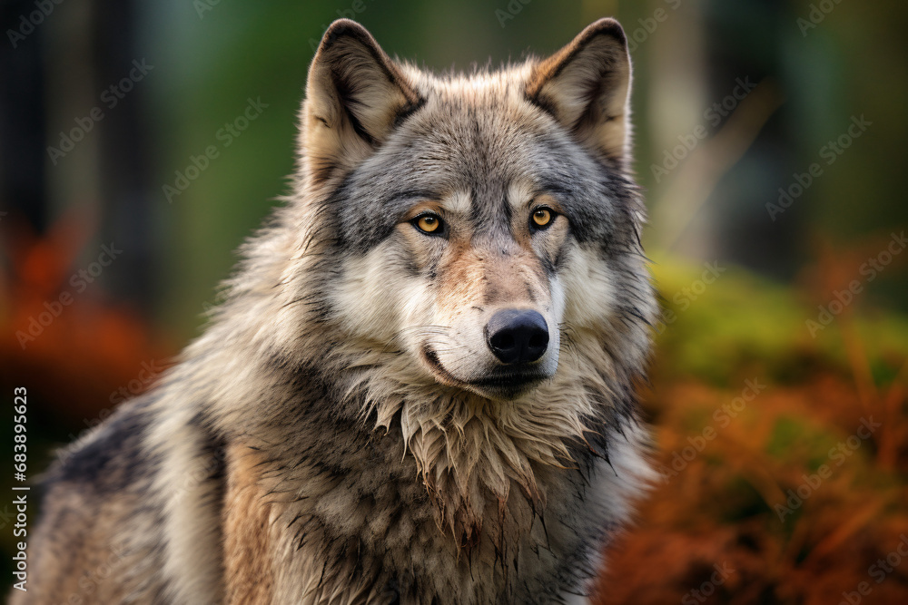 Portrait of a wolf in the forest
