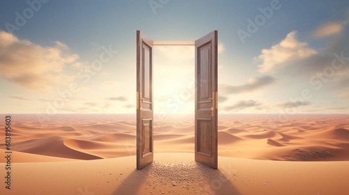 Opened door on desert. Unknown and start up concept. create using a generative ai tool 