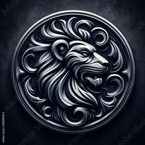 3d lion logo carving and engraving on dark background