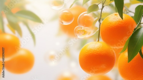  a bunch of oranges hanging from a tree with bubbles hanging off of it's branches in front of a white background.