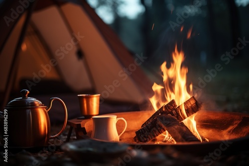 Camping in the woods, a kettle and a cup of tea