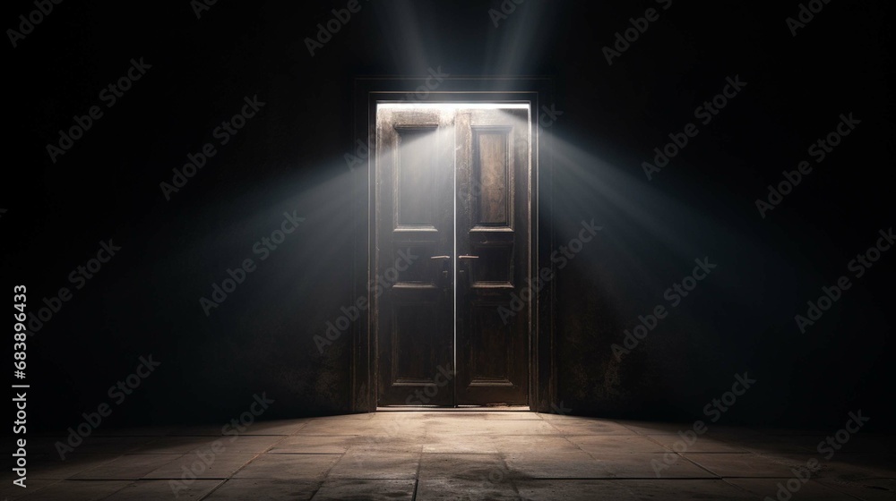 Slightly open black door with white light. create using a generative ai tool  - obrazy, fototapety, plakaty 