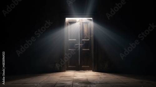 Slightly open black door with white light. create using a generative ai tool  photo